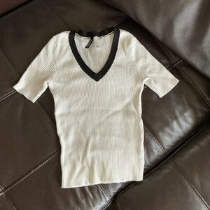 White Ribbed V-Neck Top with Black Trim